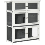 PawHut Clapier en bois pour lapin à 2 étages + 1 niveau de rangement pour intérieur et extérieur avec plateau coulissant, rampe, pour lapins et petits animaux, dim. 113L x 48l x 135H cm gris