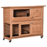 PawHut Conigliera in Legno a 2 Livelli con Ruote, Vassoio Estraibile e Rampa, 122x50x101cm