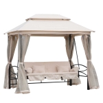 Outsunny 2-in-1 Convertible Swing Chair Bed 3 Seater Hammock Gazebo Patio Bench Cushioned Seat Mesh Curtains - Cream White