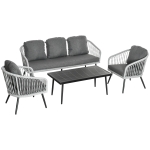 Outsunny Conjunto de Móveis de Vime Conjunto de Móveis de Jardim 4 Peças Mesa de Centro de Alumínio Sofá 3 Lugares e 2 Poltronas com Almofadas para Terraço Exterior Cinza