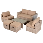 Outsunny Salotto da Giardino in PE Rattan 6 Pezzi con Divano 2 Poltroncine 2 Pouf e Tavolino Cachi e Beige