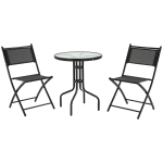 Outsunny Set da Giardino da 3 Pezzi con 2 Sedie Pieghevoli e Tavolino in Vetro Temperato per Esterni, Nero
