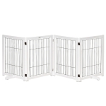 PawHut Freestanding Pet Gate 4 Panel Wooden Dog Barrier Foldable Safety Fence with Support Feet 264cm Long 77cm Tall for Doorway Stairs White