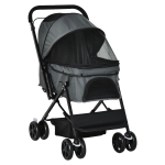 PawHut Pet Stroller Dog Cat Travel Pushchair Foldable Jogger with Reversible Handle EVA Wheel Brake Basket Adjustable Canopy Safety Leash Grey
