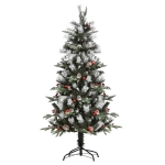 HOMCOM 5FT Artificial Snow Dipped Christmas Tree Xmas Pencil Tree Holiday Home Party Decoration with Foldable Feet Red Berries White Pinecones, Green(c-1)