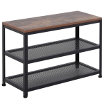 HOMCOM 3-Layer Shoe Rack Storage, Metal Frame with 2 Mesh Shelves, Rustic Colour Seat for Living Room and Hallway