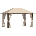 Outsunny Gazebo da Giardino 3.98x2.98m in Alluminio e Acciaio con Prese d'Aria, Zanzariera e Tende, Khaki