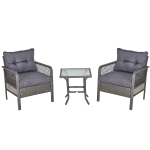Outsunny 3 Pieces Patio Wicker Coffee Table Set Bistro Conversation Furniture w/ Cushion for Patio Yard Porch Grey