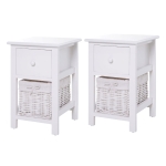 HOMCOM 2 Pieces Wood Bedside Table Storage Nightstand Free Standing Cabinet Vintage Style Desk w/ Drawer, Rattan Basket White