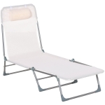 Outsunny Sun Lounge Foldable Reclining Chair with Pillow 5-Level Adjustable Garden Beach Outdoor Texteline Cream White