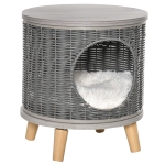 PawHut Wicker Cat Bed Cave Pet House Elevated Rattan Basket Ottoman Removable Cushion Grey