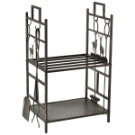 Outsunny Portalegna in Ferro Battuto con Attrezzi per Camino e Manici, Base Porta Legna Rialzata e Decori, 51.5x33x77cm - Nero