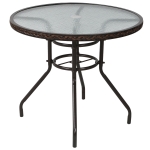 Outsunny Patio Rattan Round Table All Weather Outdoor Dining Wicker Table w/ Umbrella Hole for Garden Balcony Poolside Glass Top Brown