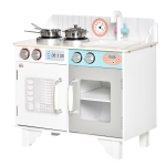 HOMCOM Kids Wooden Toy Kitchen Play Cooking Set Pretend Role Playset, with Sink Faucet, Cooking Bench, Stainless Steel Pot for 3-6 Years