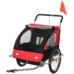 HOMCOM Reboque de Bicicleta 2 EM 1 para crianças de 2 lugares com Amortecedores Convertível em carrinho com barra e kit de corrida 129x85x105cm Vermelho