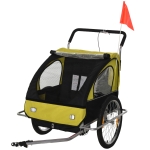 HOMCOM Reboque de Bicicleta 2 EM 1 para crianças de 2 lugares com Amortecedores Convertível em carrinho com barra e kit de corrida 129x85x105cm Amarelo