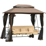 Outsunny Dondolo 3 Posti da Giardino Convertibile in Lettino con Gazebo, con Zanzariera e Cuscini Beige