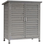 Outsunny Gartenschrank Holz Gerätehaus Gartenhaus Geräteschuppen Geräteschrank Holzhütte Pultdach Bitumenpappe Fensterladen Grau 87 x 46,5 x 96,5 cm