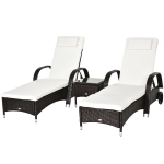 Outsunny Set de 2 Tumbonas Chaise Longue + 1 Mesa de Ratan para Jardín o Terraza Sillas con Cojín y Respaldo Ajustable a 5 Niveles (Marrón)