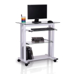 HOMCOM Mesa de Ordenador PC con Ruedas Mueble Auxiliar con Encimera y Estantes de Cristal para Oficina Despacho Dormitorio 80x51x83cm Blanco