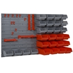 DURHAND Wandregal mit Stapelboxen 44 tlg Werkzeuglochwand Werkzeughalter Werkzeugwand für Werkstatt Sichtlagerkästen Hakenset PP Rot+Grau 63,5x22,5x95,5 cm