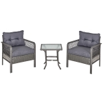 Outsunny Conjunto de móveis de rattan de jardim 3 peças 2 poltronas 65x66x75 cm e 1 mesa de vidro temperado 50x50x50 cm Cinza
