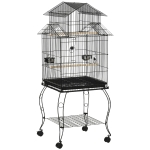 PawHut Colivie pentru Pasari pentru Interior din Otel si Lemn cu Tava Detasabila. 4 Roti, Recipient pentru Aliemnte, 51,5x50x140cm, Neagra