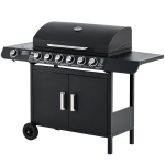Outsunny Gratar pe Gaz cu Capac, 7 Arzatoare de 20 kW in total si Arzator Lateral, Termometru, Raft si 2 Roti, 135x50x100cm Negru