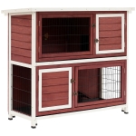 PawHut Cage clapier lapin extérieur 2 étages villa enclos pour aminaux 4 portes verrouillables 2 plateaux coulissants rampe d'accès toit ouvrant dim.122L x 50l x 104H cm bois sapin rouge brique blanc