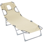 Outsunny Tumbona Reclinable y Plegable de Jardín con Orificio de Lectura Reposacabezas y Respaldo Ajustable en 5 Niveles para Playa 182x56x24,5 cm Beige