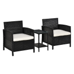 Outsunny 2-Seater PE Rattan Side Table & Armchair Bistro Set w/ Pillows Black