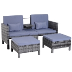 Outsunny 3-tlg. Gartensofa Gartenmöbel Lounge Gartenset Sitzgruppe Rattenmöbel Grau Polyrattan + Metall 2er-Sofa 2 x Hocker Kissen