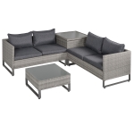 Outsunny 4-tlg. Luxus Polyrattan Gartengarnitur Gartenmöbel Garten-Set Sitzgruppe Loungeset Loungemöbel inkl. Aufbewahrungsbox und Beistelltisch Sitzkissen Grau