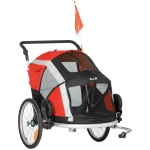 PawHut Remolque de Bicicleta para Perros Plegable 2 en 1 Carrito para Perros de Aluminio con Mango Ajustable Bandera y 6 Reflectores Carga Máxima 40 kg 150x82x98 cm Rojo