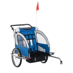 HOMCOM Remolque Infantil para Bicicleta 2 PLAZAS Rueda Giratoria 360° y Amortiguadores CON BARRA INCLUIDA Kit de Footing COLOR Azul
