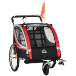 HOMCOM Reboque de Bicicleta para Crianças acima de 18 Meses 2 em 1 Carrinho de Passeio de 2 Lugares com Freio de Mão Cinto de Segurança Bandeira e Refletores 142x75x101cm Vermelho