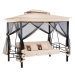 Outsunny 3 Seater Swing Chair 3-in-1 Convertible Hammock Bed Gazebo Patio Bench Outdoor with Double Tier Canopy, Cushioned Seat, Mesh Sidewalls, Beige