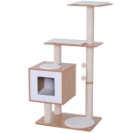 PawHut Árbol Rascador para Gatos de Madera 71,5x49,5x120 cm Torre de Gato con Cueva Plataformas Postes Rascadores de Sisal Cojines de Felpa Suave y Bolas Colgantes Natural