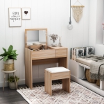 HOMCOM Chipboard Dressing Table Set Cushioned Stool Flip-up Mirror Drawer Wood Grain Colour