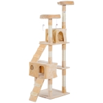 PawHut Árbol Rascador para Gatos Grande 50x50x170 cm con Múltiples Niveles con Cuevas Escaleras Juguetes Colgantes Camas Centro Actividades Sisal Beige