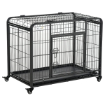 PawHut Jaula de Metal para Perros Plegable con Ruedas y Frenos Bandeja Extraíble y Puerta con Pestillos para Golden Retriver Labrador 125x76x81 cm Gris Oscuro