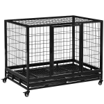 PawHut Gaiola de Metal para Cães com Rodas e Freios Bandeja Removível e Porta com Trava para Golden Retriver Labrador 109x76x87cm Preto