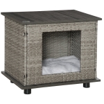 PawHut Wicker Dog House Rattan Pet Bed End Table Furniture with Soft Cushion Adjustable Feet for X-Small Dogs, Grey