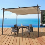 Outsunny Foisor Acoperis de Gradina Parasolar Retractabil Rama Neagra Perdea Bej 350 x 350 x 230cm