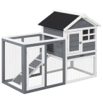 PawHut Clapier cage à lapins multi-équipé : niche supérieure avec rampe, plateau excrément, fenêtre + enclos extérieur sécurisé 2 portes 122L x 62,6l x 92H cm gris