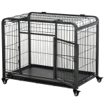 PawHut Heavy Duty Metal Dog Crates Foldable Puppy Kennel Pet Cage Playpen with Double Door Removable Tray Wheels with Brake Dark Grey