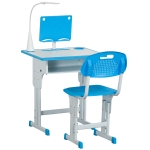 HOMCOM Banco Scuola con Sedia per Bambini 6-12 Anni Altezza Regolabile Lampada LED Leggio e Portapenne - Blu