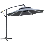 Outsunny 3(m) Cantilever Banana Parasol Hanging Umbrella with LED Solar lights, Crank, 8 Sturdy Ribs and Cross Base for Outdoor, Garden, Patio, Grey