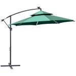 Outsunny 3(m) Cantilever Banana Parasol Hanging Umbrella with LED Solar lights, Crank, 8 Sturdy Ribs and Cross Base for Outdoor, Garden, Patio, Green