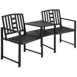 Outsunny Panchina da Giardino in Metallo con Tavolino e Foro per Ombrellone Nero